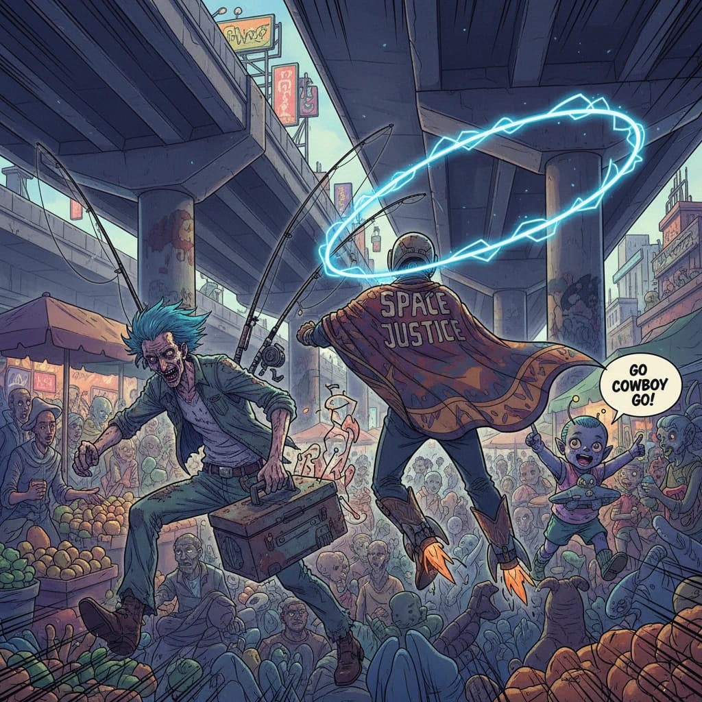 The space cowboy chases the deranged fisherman underneath the causeway, eager to collect on his bounty. Fishing rods and lines hang off the back off the fishermen as he darts between the bustling market crowd. We see the back of the space cowboy in his space poncho emblazoned with the words SPACE JUSTICE, spinning his lasso over his head. A child on the sidelines excitedly cheers the cowboy. 1990s hand drawn anime style with strong fluidity