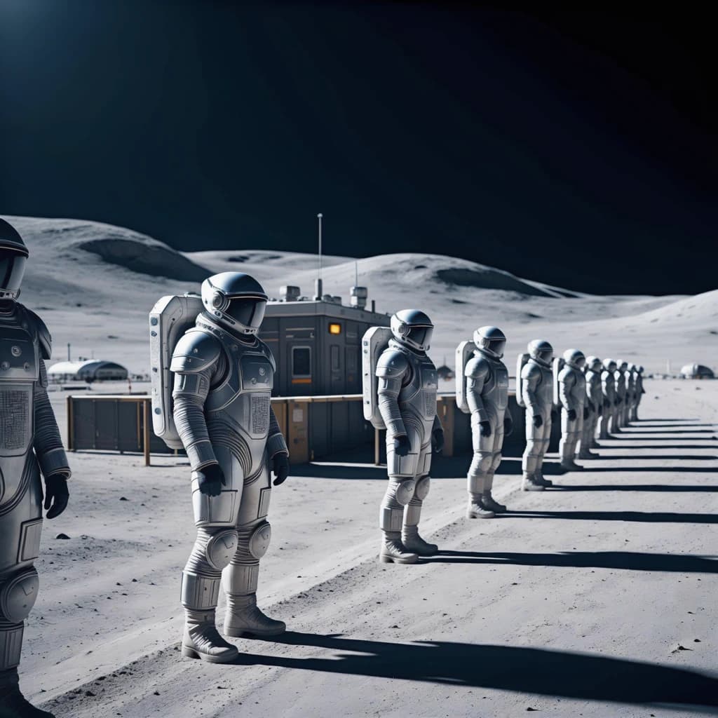 Silver exosuits queue at a dusty lunar checkpoint.