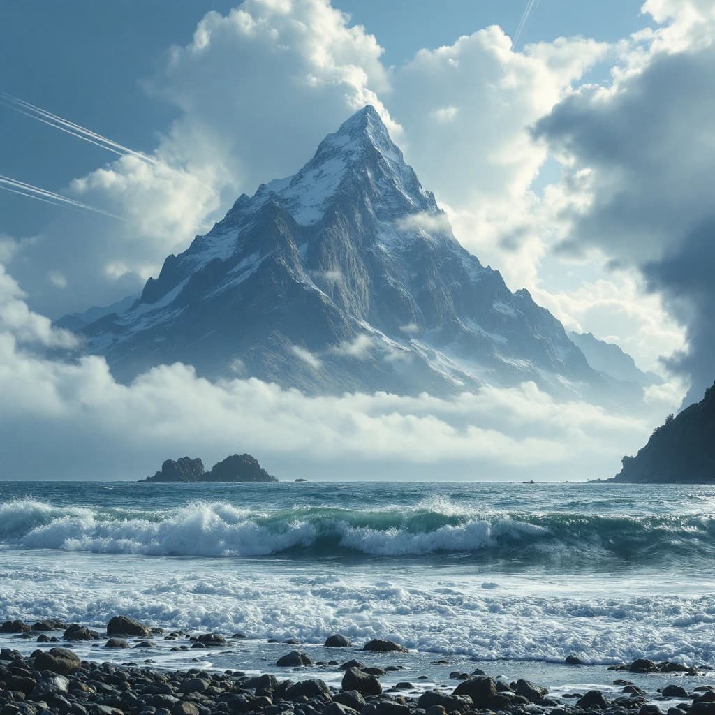 A stunning mountain vista pokes through the cloud top. Contrails from a distant airplane linger in the air. In the foreground there is a stony beach with foamy seas. A thunder storm is visibile in the distant right.