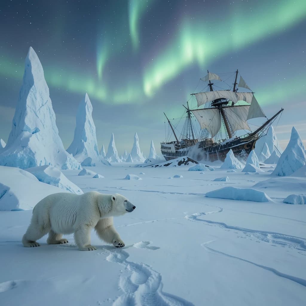 An endless tundra stretches outward, littered with jagged icebergs shaped like cathedral spires. A polar bear trudges across the foreground but leaves no tracks. Auroras ripple overhead. A half-buried shipwreck juts from the snow — sails billowing despite the still air.