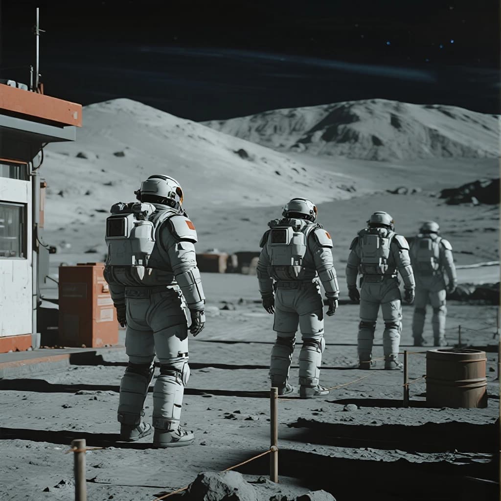 Silver exosuits queue at a dusty lunar checkpoint.