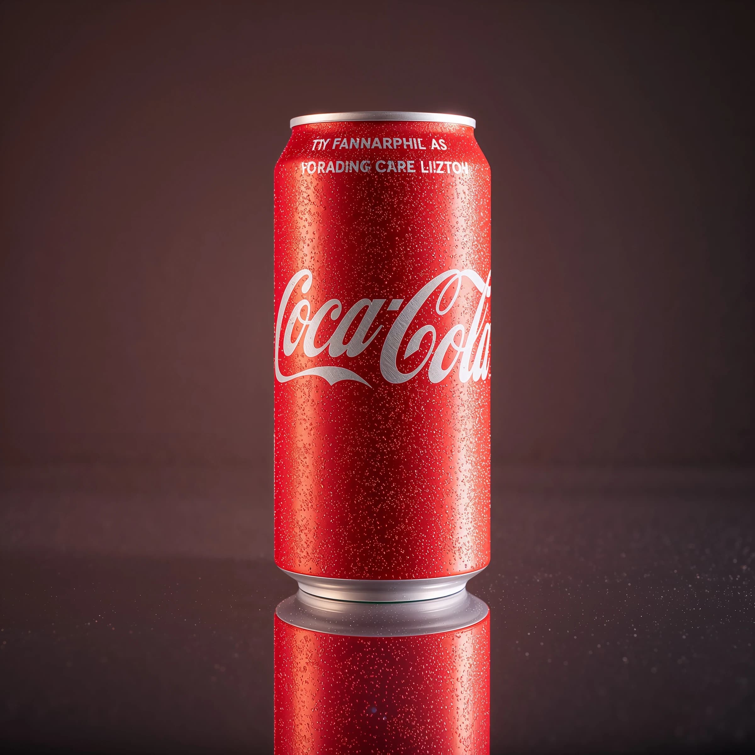 A close-up ad shot of sparkling soda can on glossy acrylic, harsh top light.