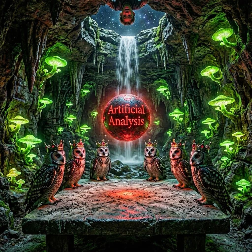 In a cavern lined with bioluminescent fungi glowing lime green, the council of owls wear jeweled crowns that glimmer with rubies, their wings folded behind their backs. Dust coats the stone table, a glowing orb inscribed with “Artificial Analysis” hovers above the table illuminating the owls with its red pulsating light. Behind them, a waterfall falls upward into a ceiling that opens onto stars - a child looks down in wonder from above at what he has stumbled across.