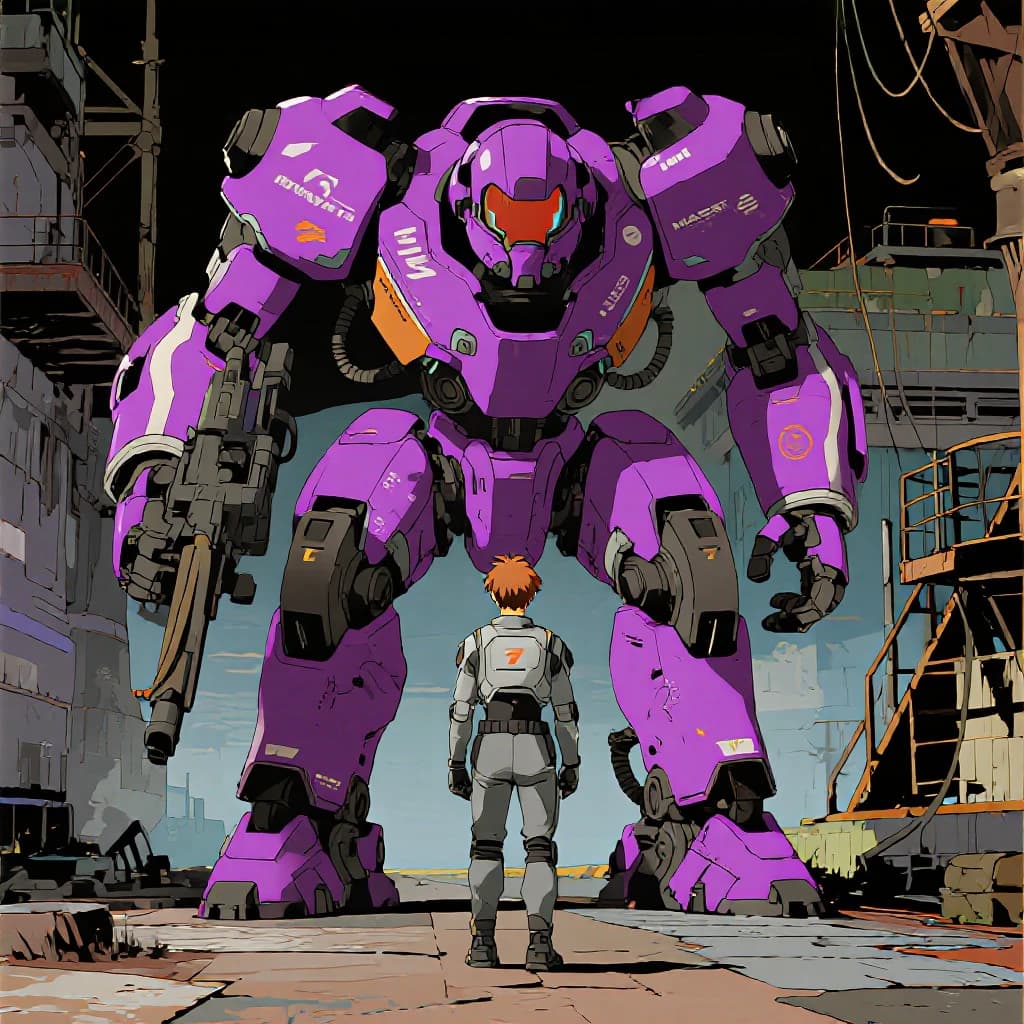 Clad in his body suit up to the neck, young Masa nervously approaches the towering mech with his back facing us. He is nervous for his first time in the field. The mech's bright purple colour scheme contrasts with the grey body suit. The scale of the mech dwarfs Masa. Hand drawn style