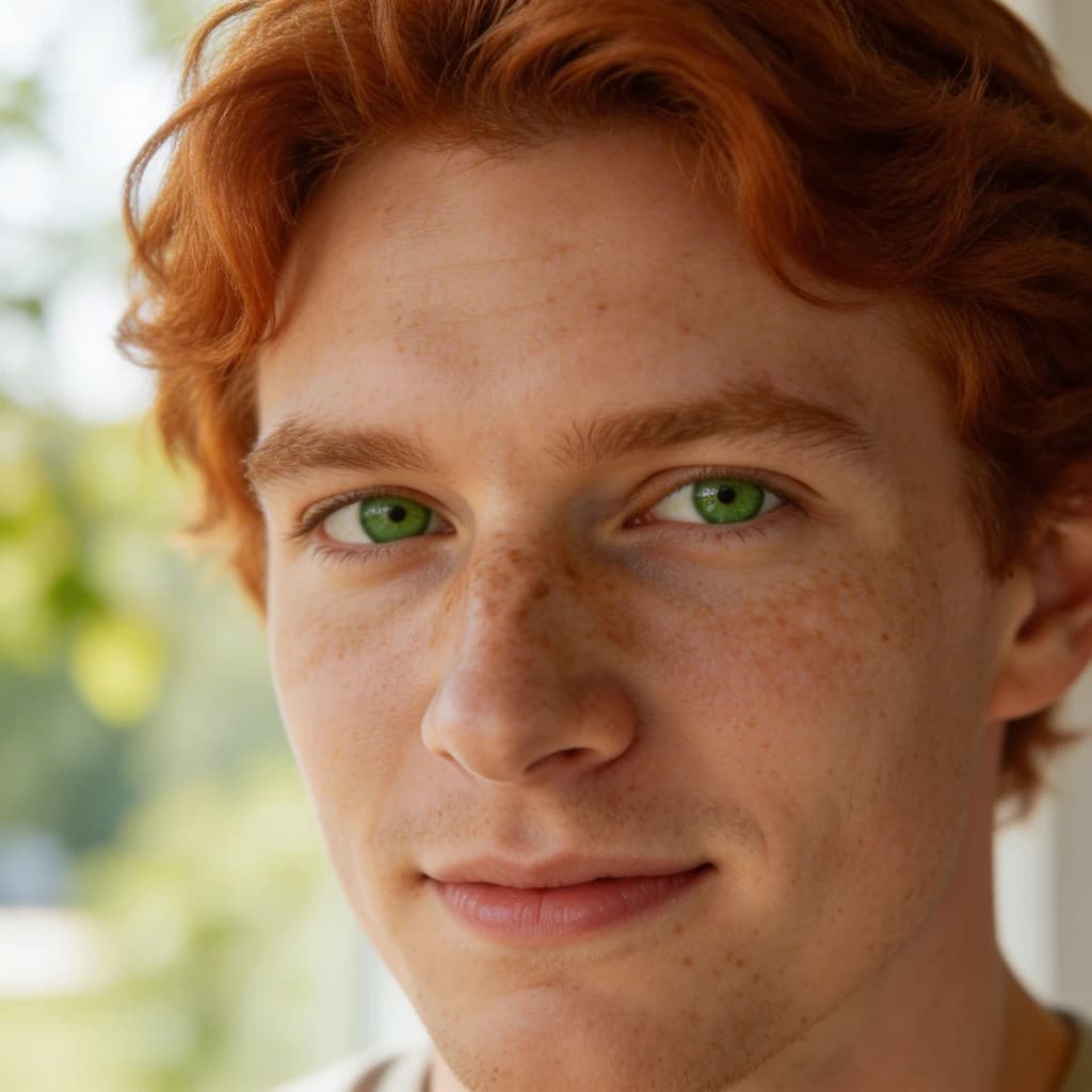 Shoot a natural light headshot of a red-haired man with freckles, green eyes.