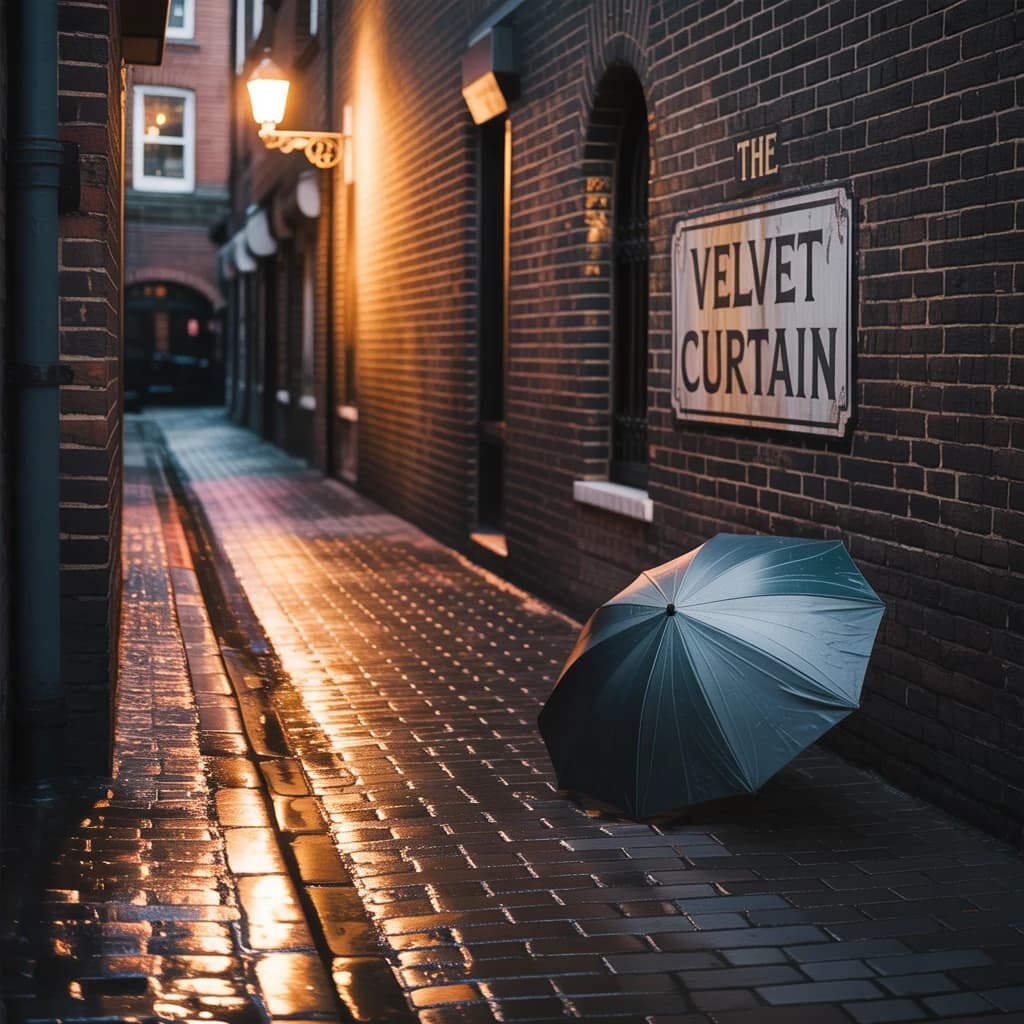 Show a narrow brick alley with wet cobblestones.