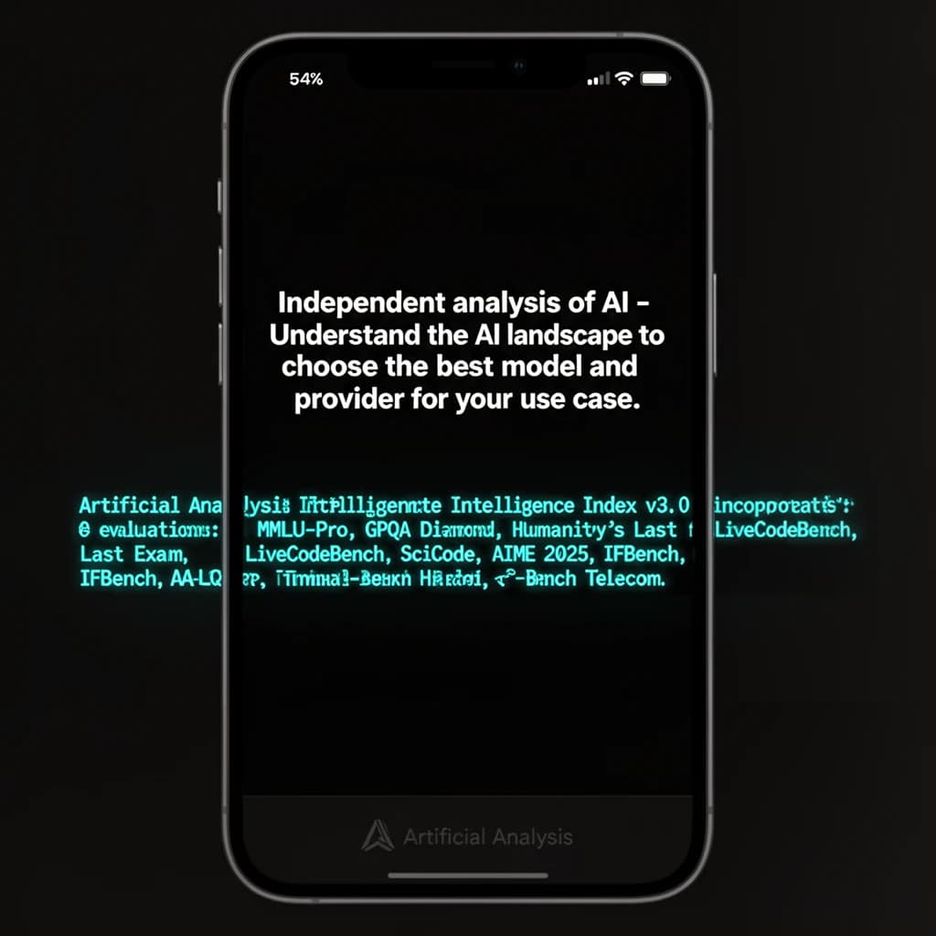 On a black smartphone UI with rounded corners, display a centered text block in white San Francisco font, 16pt: “Independent analysis of AI - Understand the AI landscape to choose the best model and provider for your use case.” Below, in neon cyan, monospace font, smaller size: “Artificial Analysis Intelligence Index v3.0 incorporates 10 evaluations: MMLU-Pro, GPQA Diamond, Humanity's Last Exam, LiveCodeBench, SciCode, AIME 2025, IFBench, AA-LCR, Terminal-Bench Hard, 𝜏²-Bench Telecom.” The second block scrolls horizontally as a ticker. The battery icon in the status bar shows 54%. The Artificial Analysis logo appears faintly, embossed into the bottom navigation bar.
