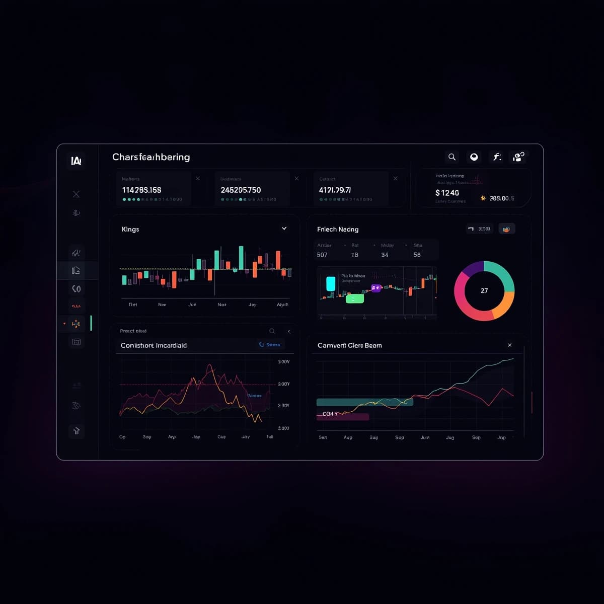 Make a dark mode finance dashboard with charts, glassmorphism, soft neon glow.