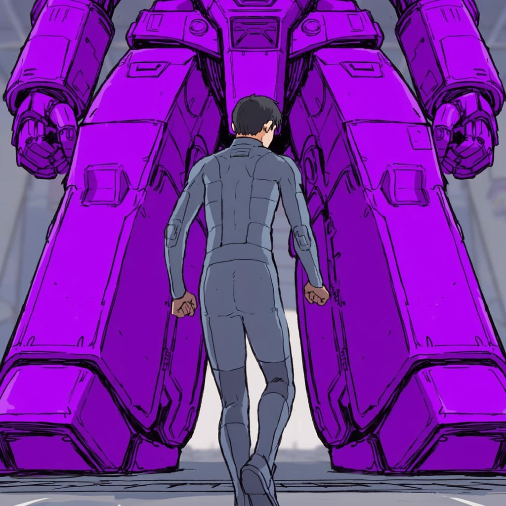 Clad in his body suit up to the neck, young Masa nervously approaches the towering mech with his back facing us. He is nervous for his first time in the field. The mech's bright purple colour scheme contrasts with the grey body suit. The scale of the mech dwarfs Masa. Hand drawn style