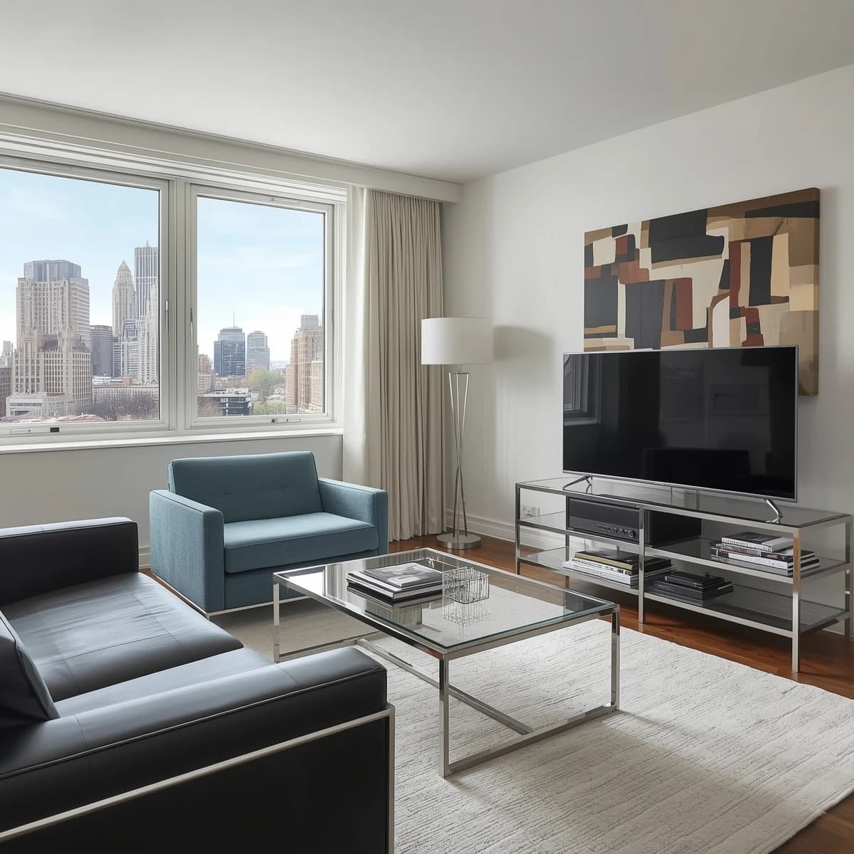 My apartment overlooks Central Park. It’s very luxurious, very expensive, and the furniture is minimal — a black leather couch, a glass coffee table with chrome legs, an Arne Jacobsen floor lamp. A big-screen television set rests on a steel shelving unit. A David Onica painting hangs above the couch. There’s a stainless steel and glass cocktail table. A powder-blue sofa. A thirty-inch digital TV.