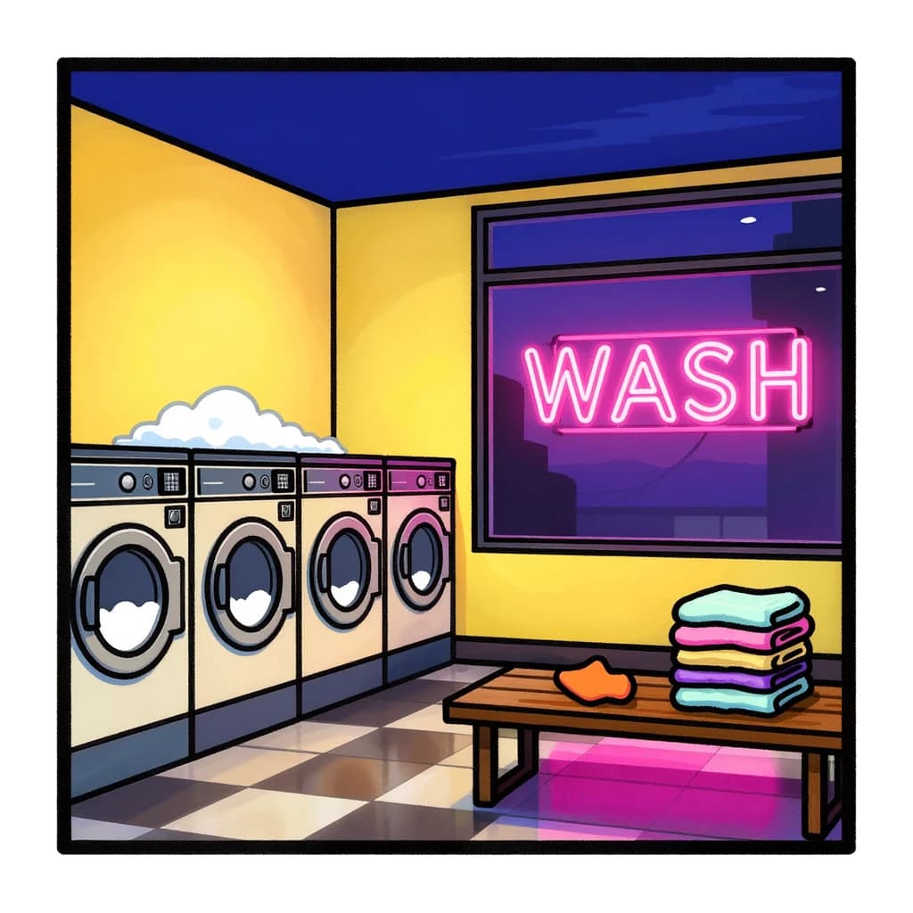 A cozy laundromat at dusk, neon humming, flat colors, bold inked lines.