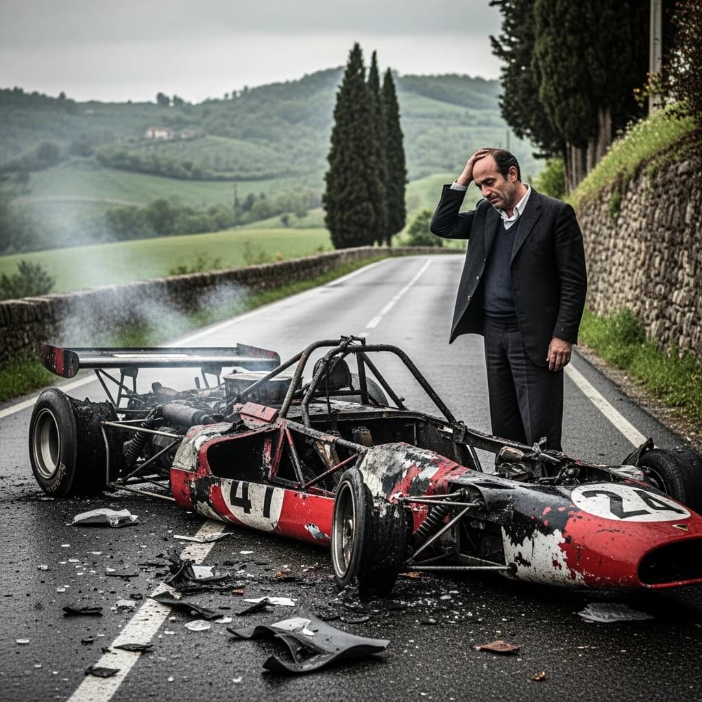 Mario examines the still smouldering wreck of the crash that took his best driver on the side of the country road. He designed this car and caused this. 3 days have passed since the crash. It's 1973 in Northern Italy.