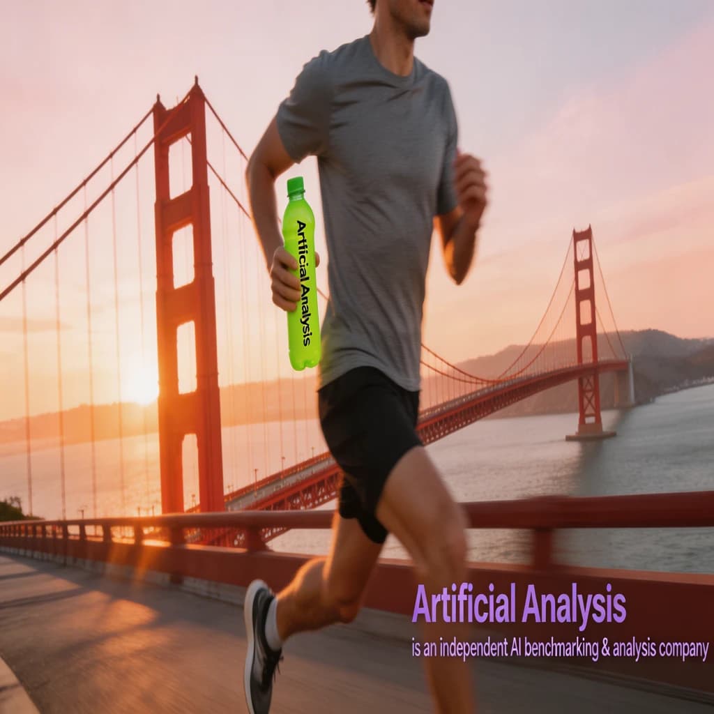 A runner dashes across the Golden Gate Bridge at dawn, sunlight streaming between cables. In their hand, they carry a neon-green sports drink with the brand name Artificial Analysis splashed boldly across the bottle. Motion blur emphasizes speed, while crisp purple sans serif typography overlays the bottom right of the scene with the tagline: Artificial Analysis is an independent AI benchmarking & analysis company