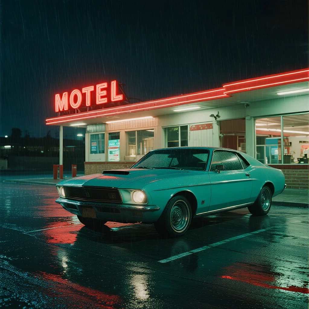 Show an old roadside motel under neon at midnight, rain on asphalt, a teal classic coupe parked; a bit of film grain, slightly faded pastels, halftone print, paper texture.