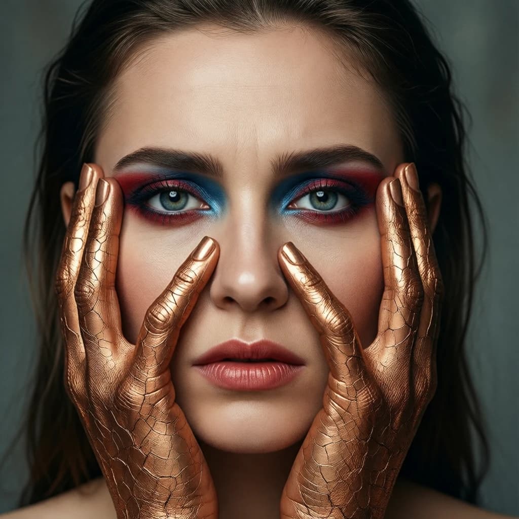 A striking close-up portrait of a woman with cracked metallic copper-painted hands framing her face. Her vivid blue and red eye makeup contrasts sharply with the smooth, pale skin and muted background, creating a bold, surreal composition. She displays an air of uncertainty about her