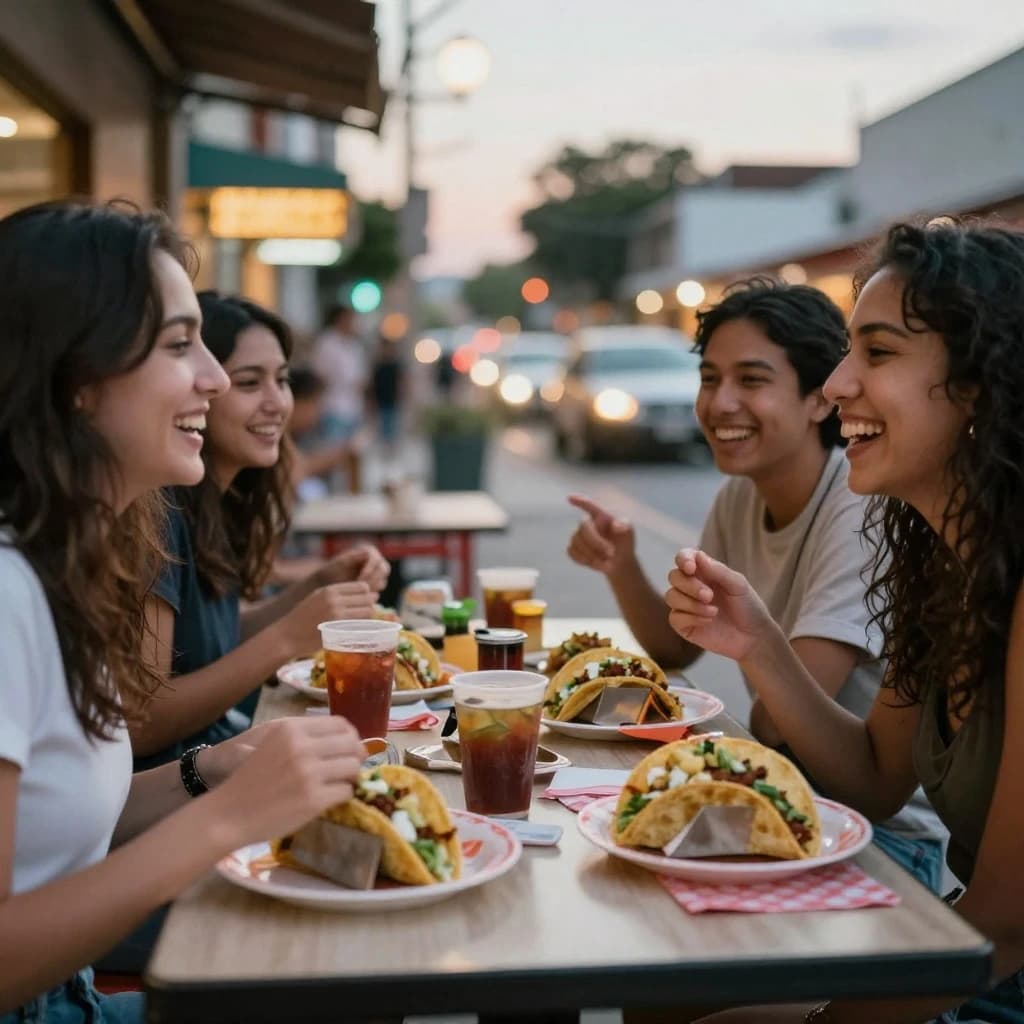 Friends laugh over street tacos at dusk, candid, shallow depth.