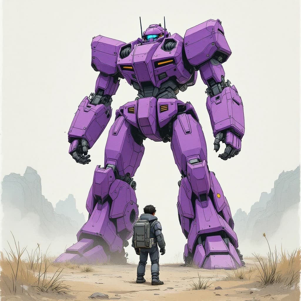Clad in his body suit up to the neck, young Masa nervously approaches the towering mech with his back facing us. He is nervous for his first time in the field. The mech's bright purple colour scheme contrasts with the grey body suit. The scale of the mech dwarfs Masa. Hand drawn style