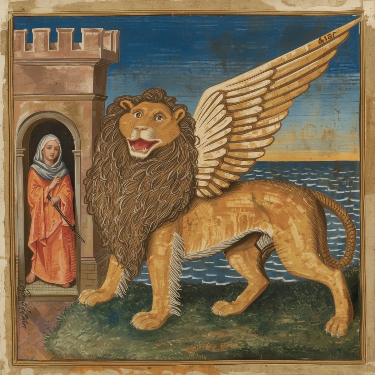 Paint an illuminated manuscript scene of a winged lion guarding a sea gate.