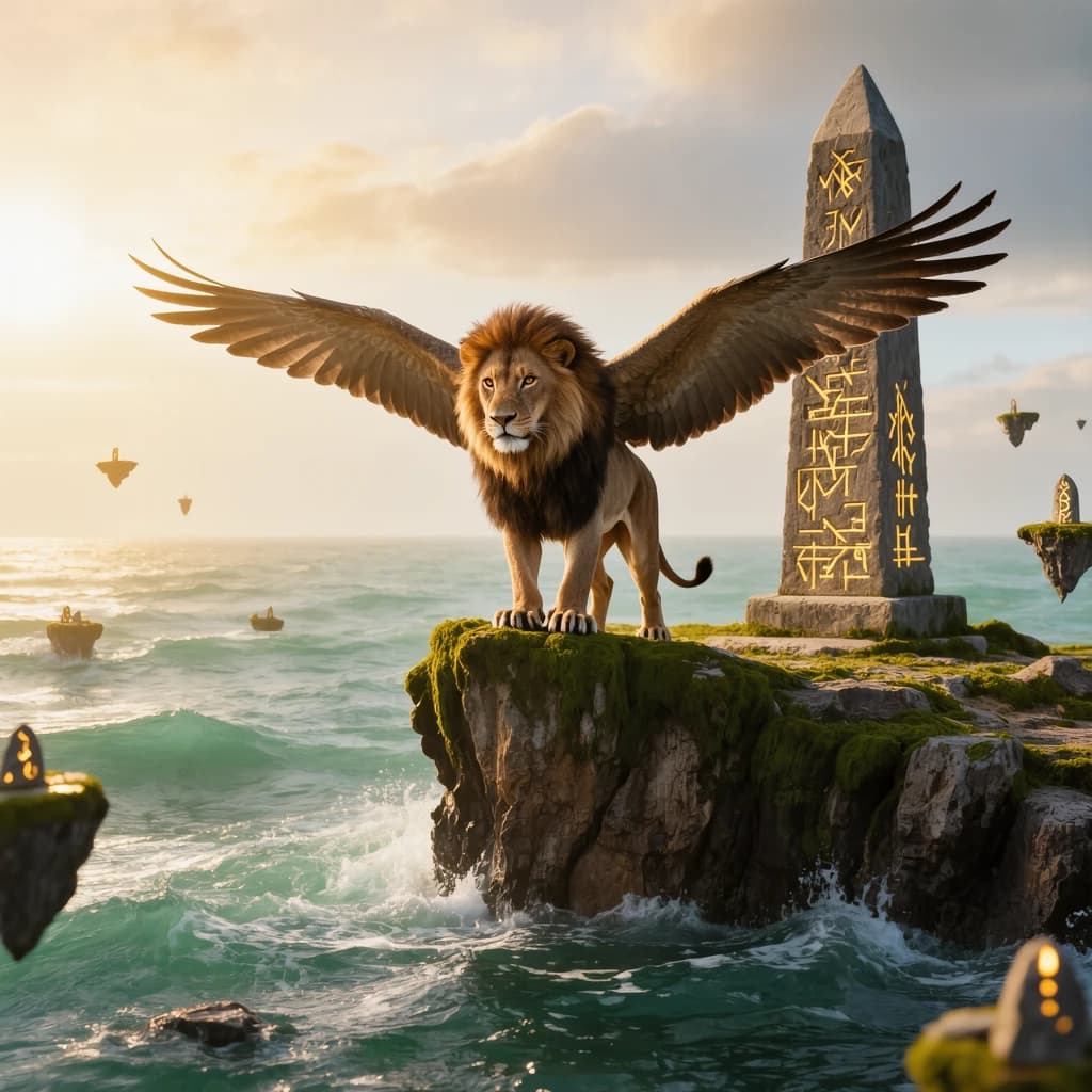 At dawn, a winged griffin lands on a mossy cliff above a jade sea beside a runed obelisk; floating isles drift under golden sunbeams, with a bit of sea spray and glowing runes.