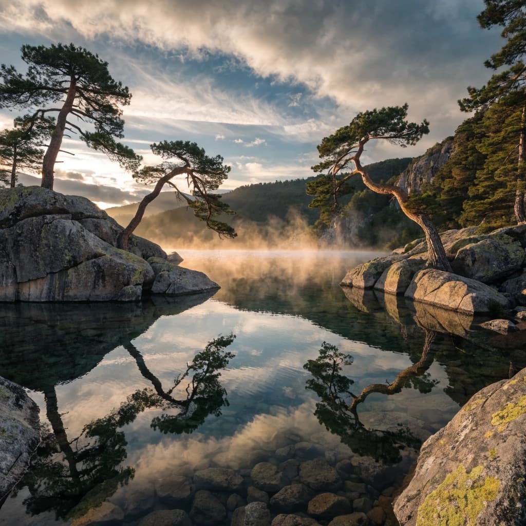 I want a photo of a misty alpine lake at dawn, pines, glassy water, warm light.