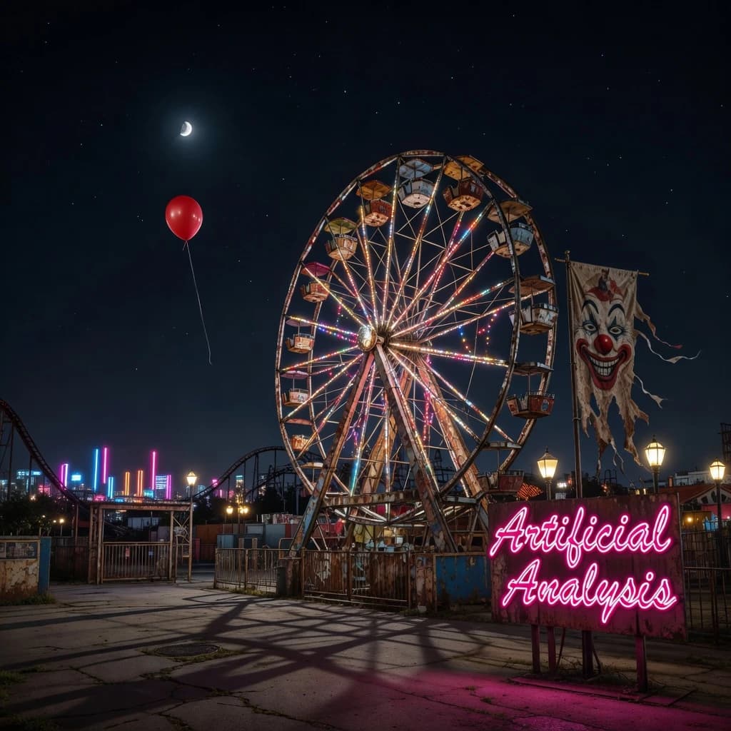 A deserted amusement park glows faintly under a half-moon. The ferris wheel is rusting yet strung with fresh, blinking LED lights. A torn clown banner flaps in a windless air. A lone balloon floats upward, tethered to nothing, while in the far distance city lights flicker on - some neon, some gas lamps as though from another century. 'Artificial Analysis' glows in neon