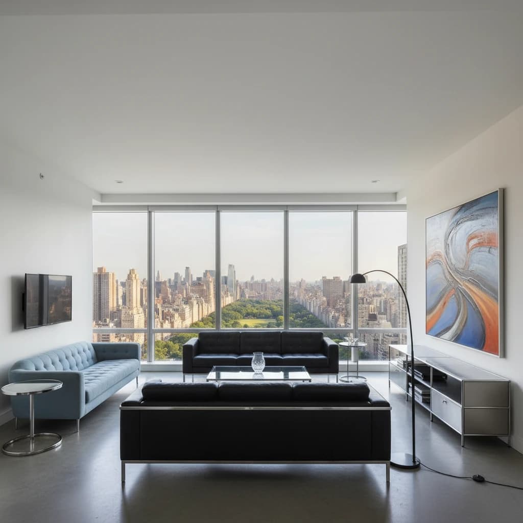 My apartment overlooks Central Park. It’s very luxurious, very expensive, and the furniture is minimal — a black leather couch, a glass coffee table with chrome legs, an Arne Jacobsen floor lamp. A big-screen television set rests on a steel shelving unit. A David Onica painting hangs above the couch. There’s a stainless steel and glass cocktail table. A powder-blue sofa. A thirty-inch digital TV.