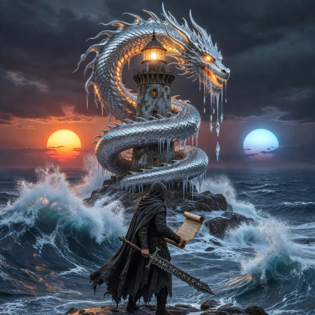 A dragon of molten silver coils around a lighthouse. The storming sea below crashes upward in frozen stillness, as though caught mid-motion. The dragon’s molten eyes drip tears of ice. On the horizon, two suns set next to each other, casting orange light on one side of the tower and blue on the other. A cloaked traveler carries an ancient weapon in his left hand and a scroll in his right.