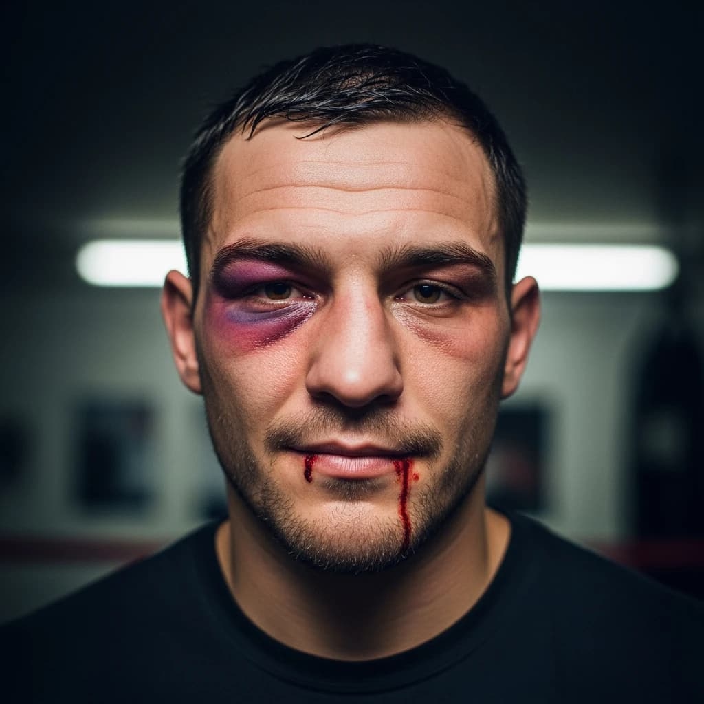 Paint a bruised boxer smiling, serious expression.