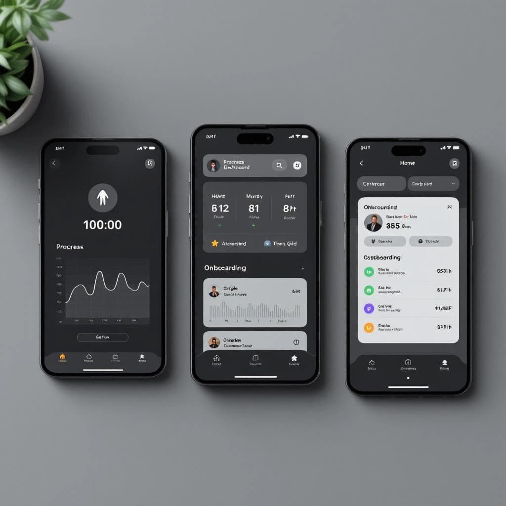 Sleek mobile fitness app screens on a desk: dark mode home, progress dashboard, simple onboarding, clear 8 pt grid, slightly oversized buttons for thumb reach, muted colors.