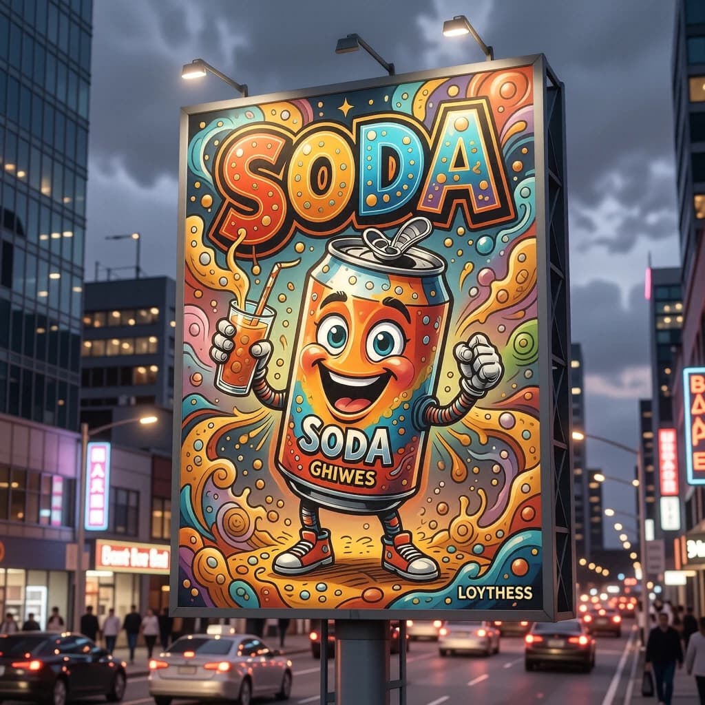 Design a bright soda billboard ad with a bubbly can mascot, thick inky lines.