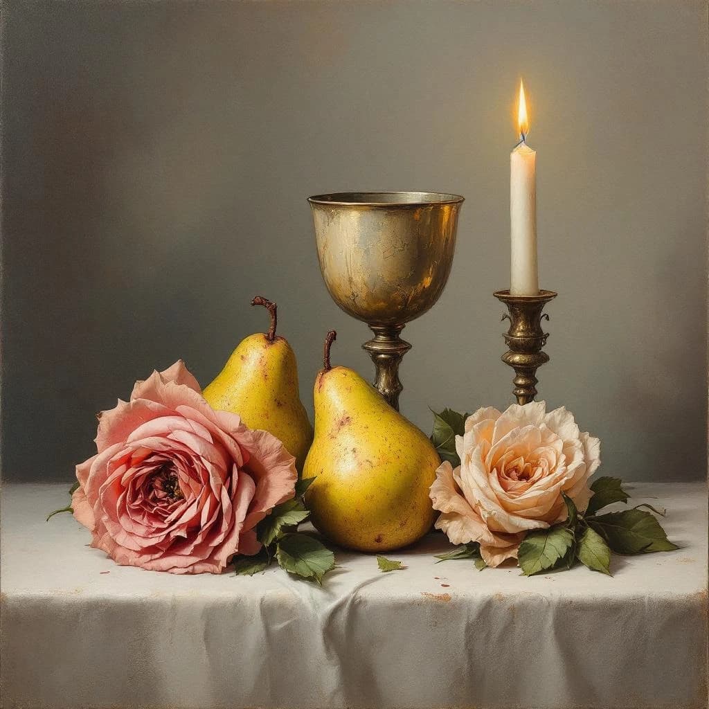 Create an oil on canvas still life with a tarnished goblet, bruised pears, and wilted roses, lit by a single candle; a bit muted palette, soft brushwork, subtle craquelure.