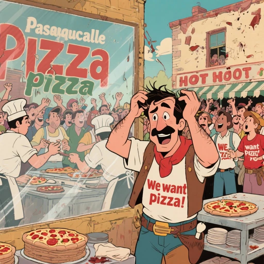 Pasquale is pulling his few remaining hairs out over a disaster at the pizzeria - the cooks are working as fast as they can but the crowds outside are swelling and they demand hot hot pizza! They are banging on the glass and some are wearing "we want pizza" shirts. 1980s western TV animation style.