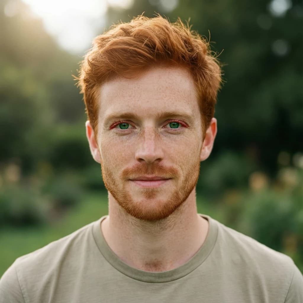 Shoot a natural light headshot of a red-haired man with freckles, green eyes.