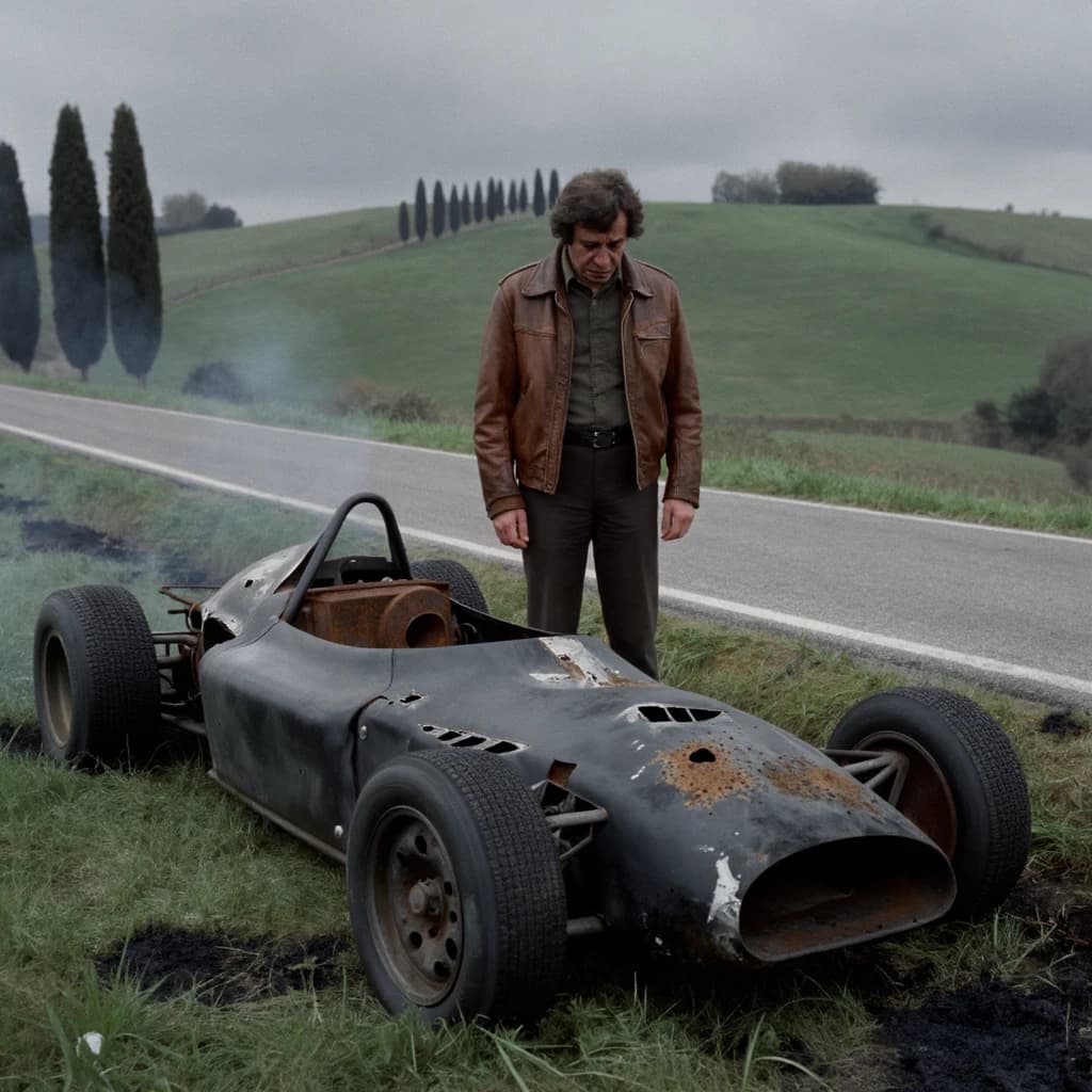 Mario examines the still smouldering wreck of the crash that took his best driver on the side of the country road. He designed this car and caused this. 3 days have passed since the crash. It's 1973 in Northern Italy.
