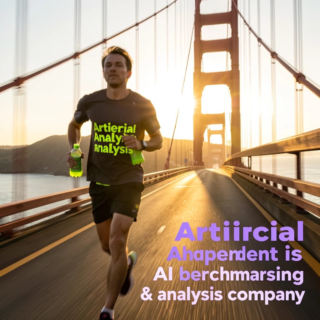 A runner dashes across the Golden Gate Bridge at dawn, sunlight streaming between cables. In their hand, they carry a neon-green sports drink with the brand name Artificial Analysis splashed boldly across the bottle. Motion blur emphasizes speed, while crisp purple sans serif typography overlays the bottom right of the scene with the tagline: Artificial Analysis is an independent AI benchmarking & analysis company