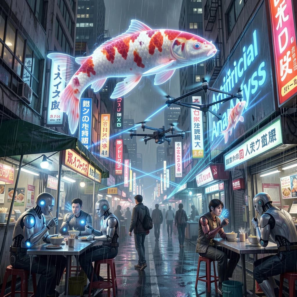 A neon alley in Neo-Tokyo 2142 drips with rain Cybernetic patrons slurp ramen at a stall with their glowing implants humming with blue light. Three giant holographic koi hover 10 metres above the ground and swim across the skyline, one has clipped into a building. A six-prop drone hovers nearby, projecting "Artificial Analysis" onto a wall with blue laser beams visible