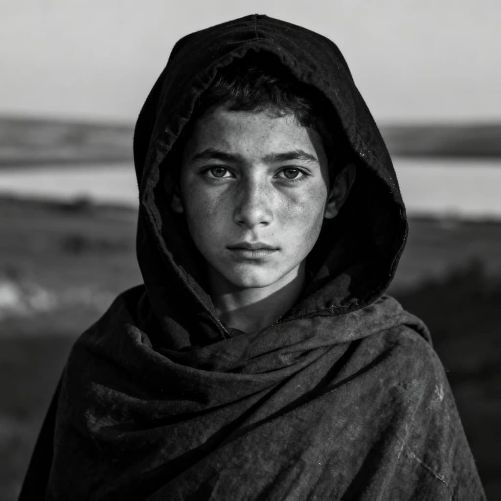 A dramatic black-and-white portrait of a young person draped in a hooded garment, their face framed by the hood's dark folds. Their skin tone and the subtle sheen on their cheeks create striking tonal contrast against the deep shadows. Their eyes are piercing, looking directly into the lens with a calm, steady intensity—neither confrontational nor submissive, but deeply present. The texture of the fabric is visible: it's dense, slightly weathered, and whisper-thin creases catch the light. In the background, an expansive, out-of-focus landscape suggests open space—perhaps distant plains or water—though the details remain soft and abstract. The overall mood is silent yet powerful, poised between vulnerability and resilience, with every highlight and shadow telling part of their story.