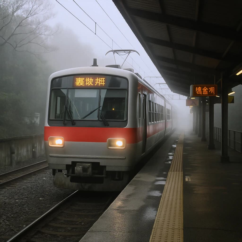 A commuter train enters a foggy little station.