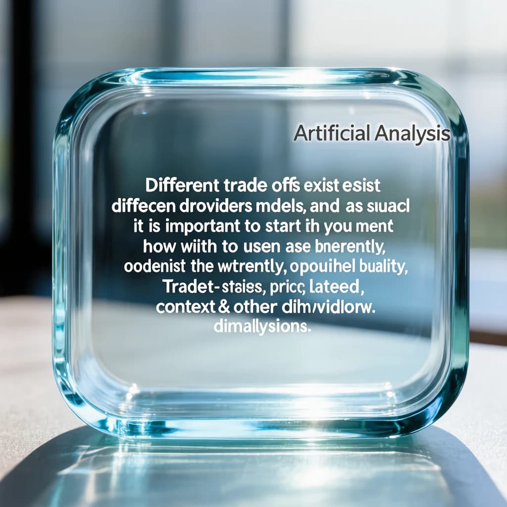 In a clear transparent blue glassy rounded box, etch "Different trade offs exist between different models and providers and as such, it is important to start with how you intend to use the model as the first step. Trade-offs exist currently between model quality, price, output speed, latency, context window & other dimensions. " in sans serif medium weight text. Artificial Analysis is watermarked over the top right 