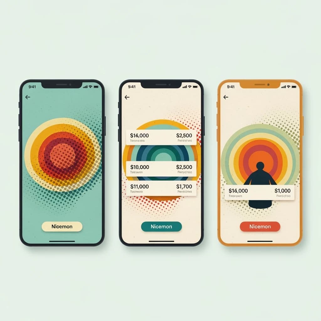 Make mobile finance app screens with mid-century palette, halftone, paper grain.