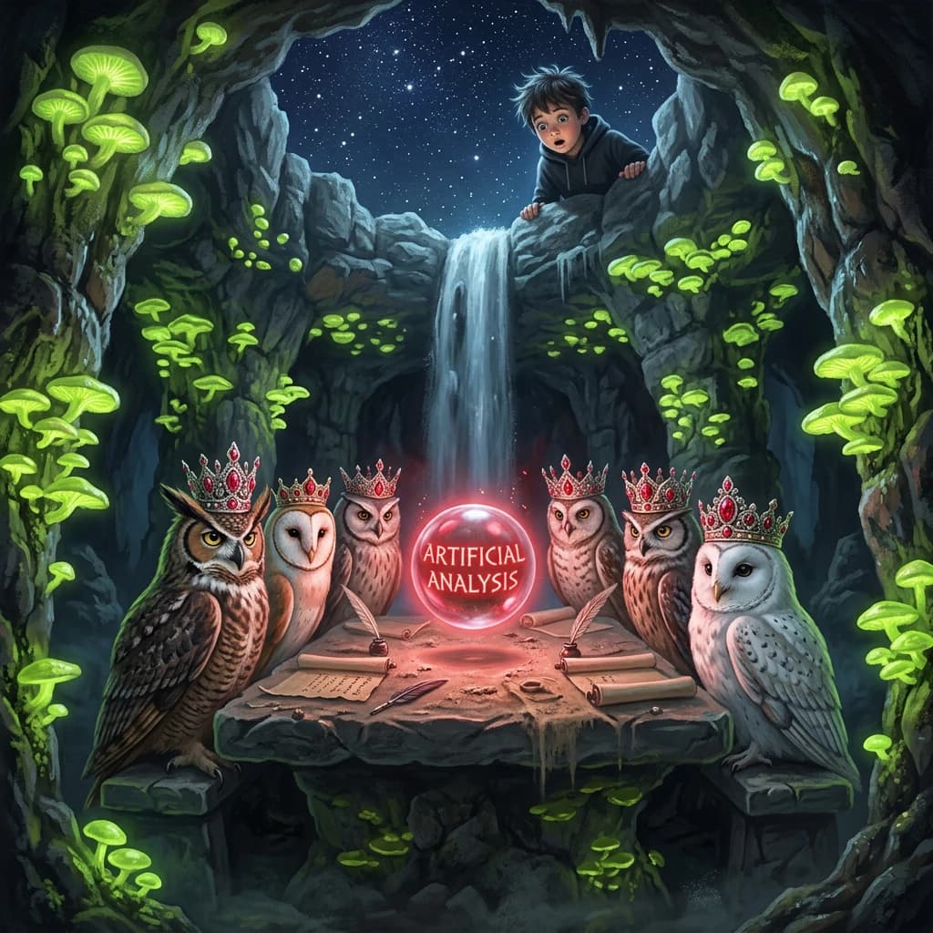 In a cavern lined with bioluminescent fungi glowing lime green, the council of owls wear jeweled crowns that glimmer with rubies, their wings folded behind their backs. Dust coats the stone table, a glowing orb inscribed with “Artificial Analysis” hovers above the table illuminating the owls with its red pulsating light. Behind them, a waterfall falls upward into a ceiling that opens onto stars - a child looks down in wonder from above at what he has stumbled across.