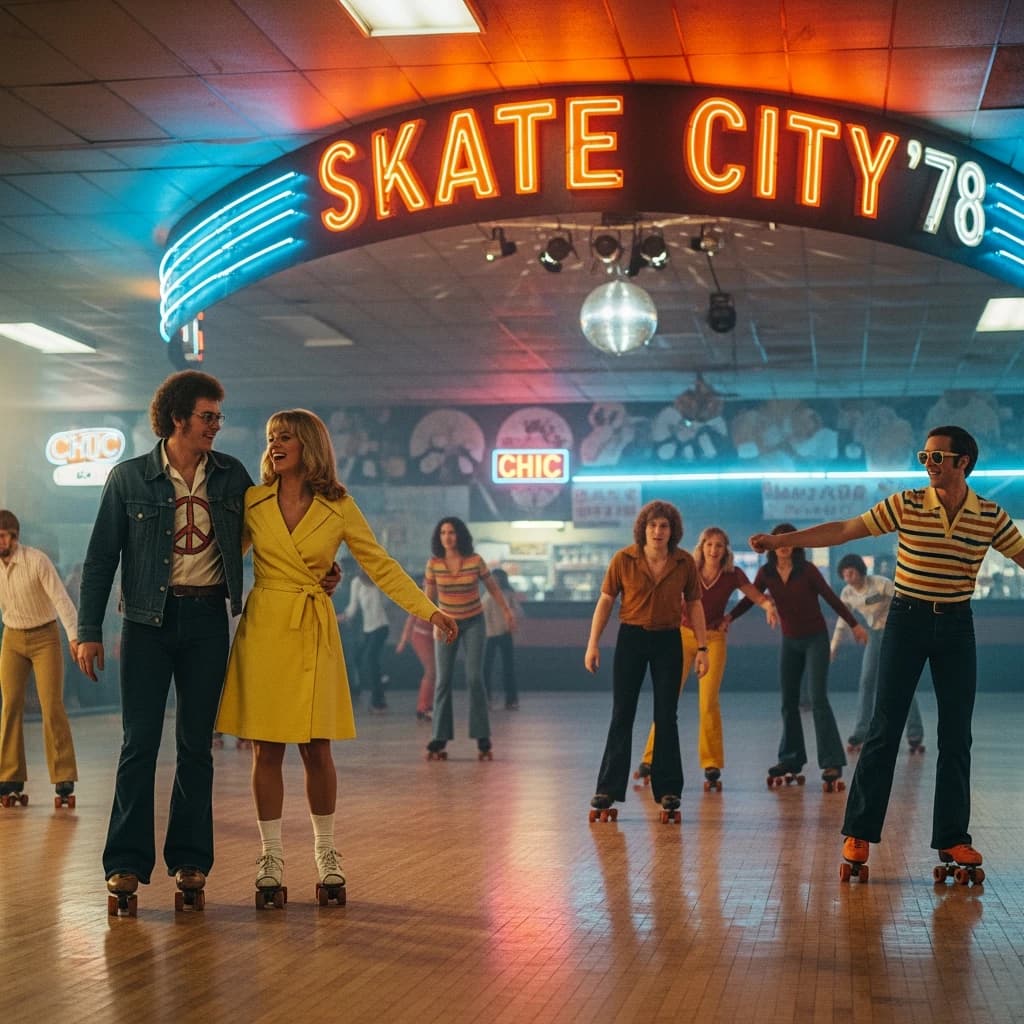 A 1970s roller rink crowd skates under neon, with a bit of fade and film grain.