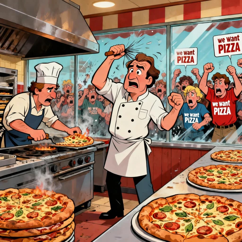 Pasquale is pulling his few remaining hairs out over a disaster at the pizzeria - the cooks are working as fast as they can but the crowds outside are swelling and they demand hot hot pizza! They are banging on the glass and some are wearing "we want pizza" shirts. 1980s western TV animation style.