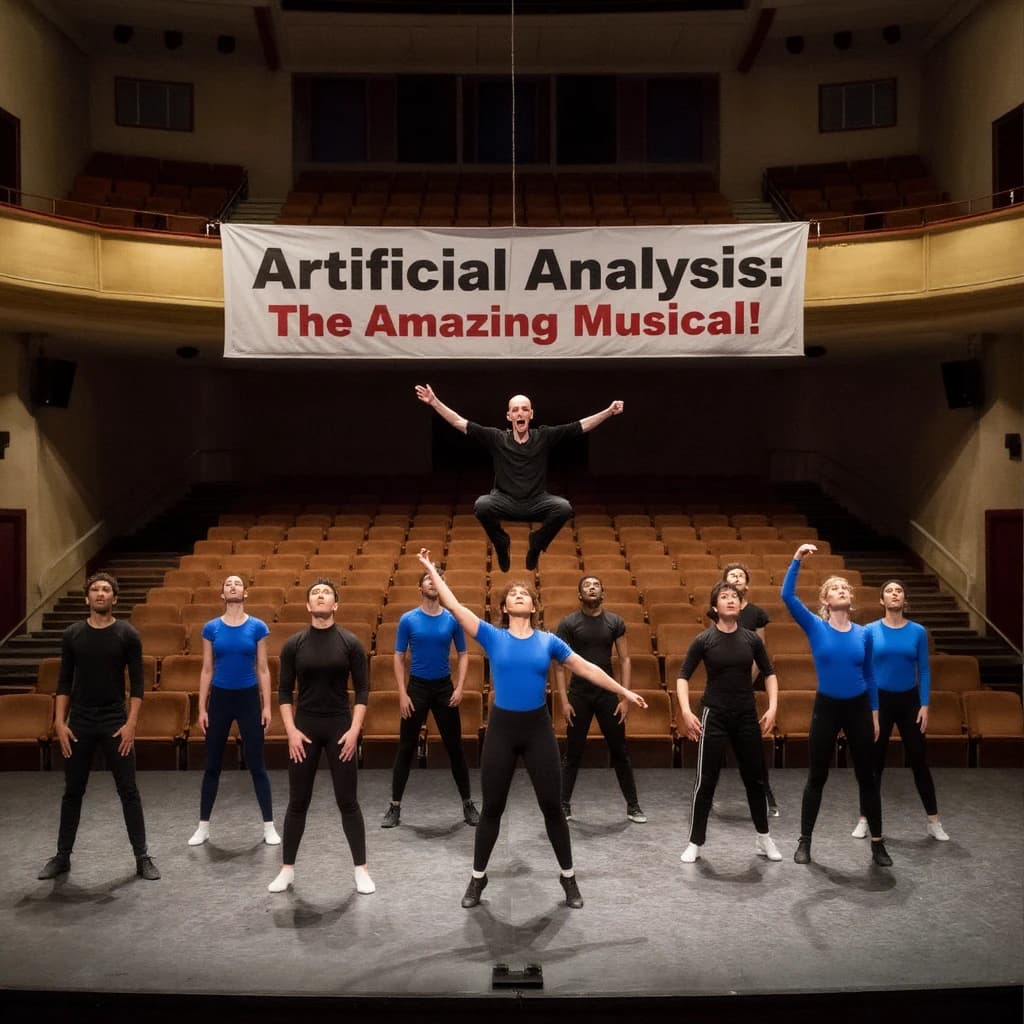 The musical troupe do a rehearsal in a large, empty theatre. 9 people are on the stage, half wear black and the others wear blue. The skinny bald director, seated in the second row, is practically leaping out of their seat with excitement as the leads nail their aerial. A giant banner reading "Artificial Analysis: The Amazing Musical!" is behind the actors.