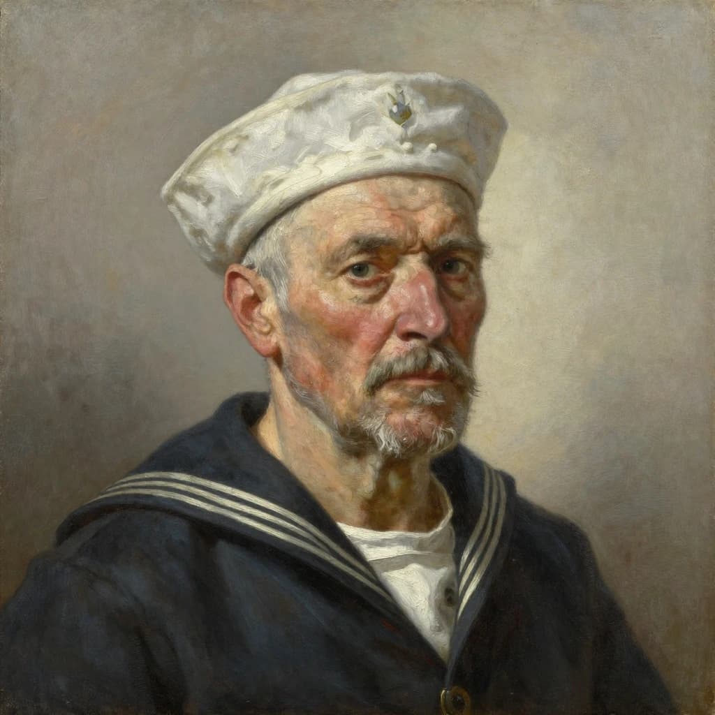 Oil on canvas portrait of an elderly sailor, weathered face, soft light.