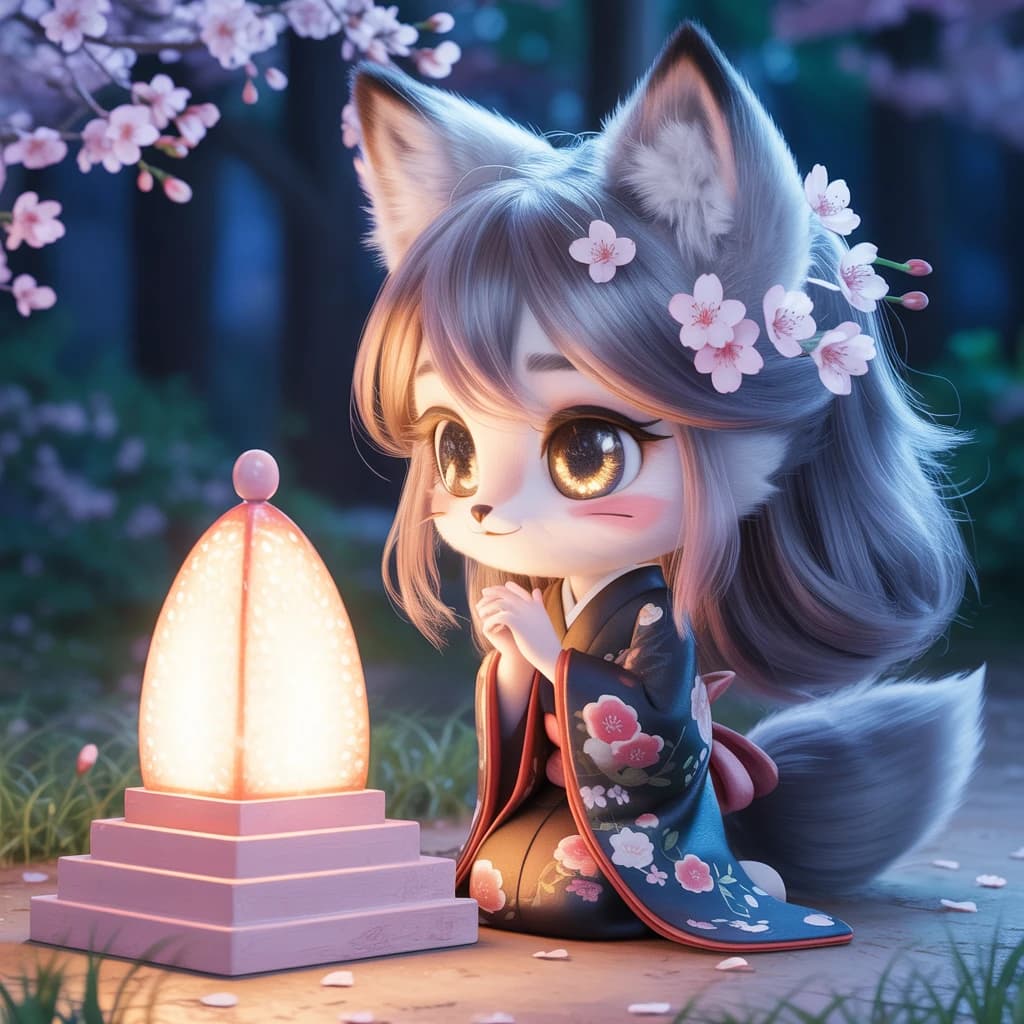 Cel-shaded fox spirit girl, glowing shrine at dusk, soft bloom, sparkly eyes.
