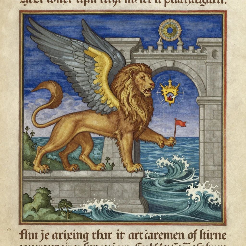 Paint an illuminated manuscript scene of a winged lion guarding a sea gate.