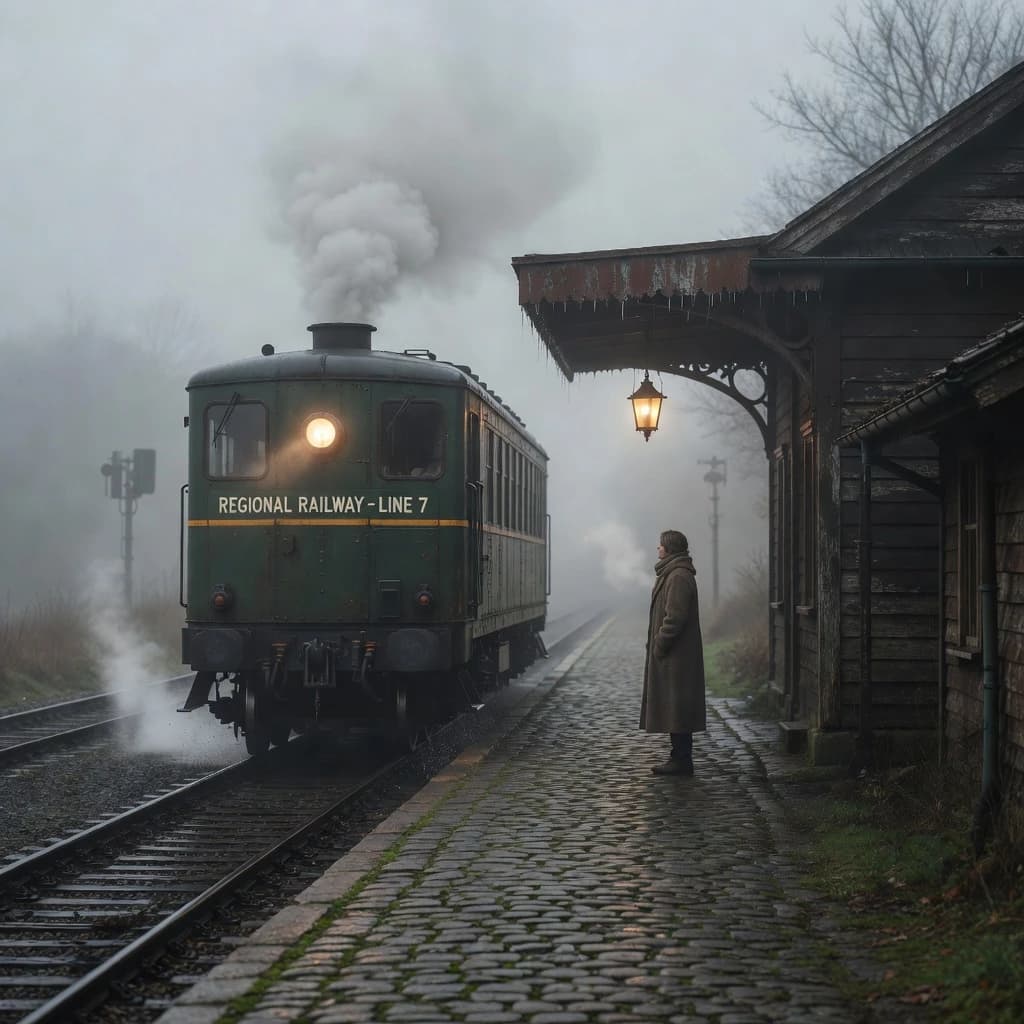 A commuter train enters a foggy little station.