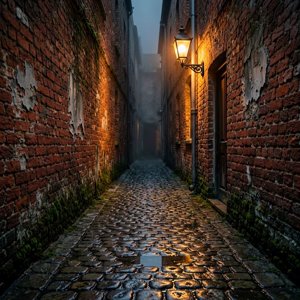 Show a narrow brick alley with wet cobblestones.