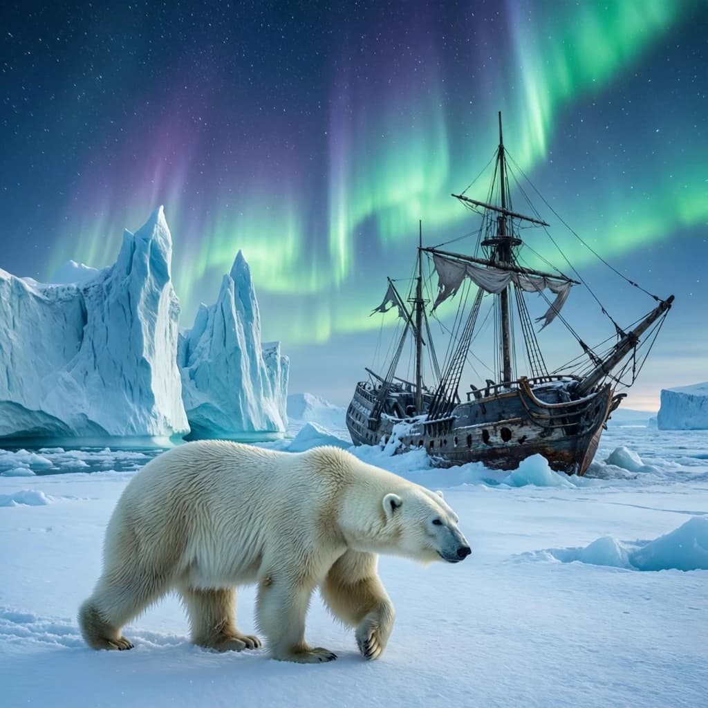 An endless tundra stretches outward, littered with jagged icebergs shaped like cathedral spires. A polar bear trudges across the foreground but leaves no tracks. Auroras ripple overhead. A half-buried shipwreck juts from the snow — sails billowing despite the still air.